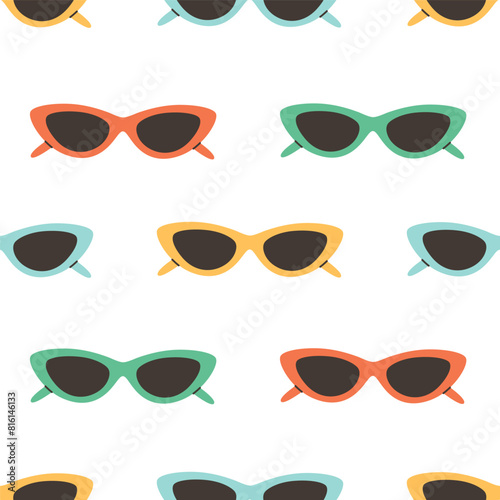 Seamless pattern with summer sun glasses. Women beach accessory in modern retro style. Vector illustration in flat style