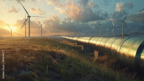 Hydrogen Pipeline Winding Through Field of Wind Turbines A Green Energy Production Symphony photo