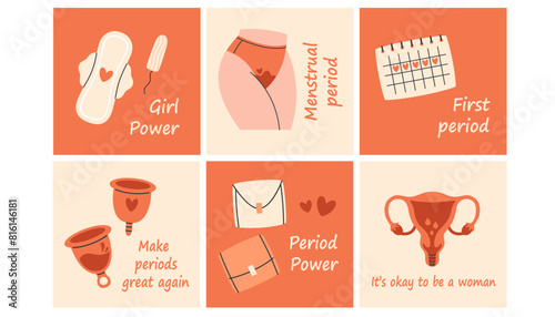 Cards with quotes about female period with menstrual blood, sanitary pad, menstrual cup, uterus, panties, calendar. Vector illustration in flat style photo