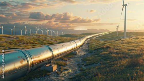 Hydrogen Pipeline Winding Through Field of Wind Turbines Green Energy Production