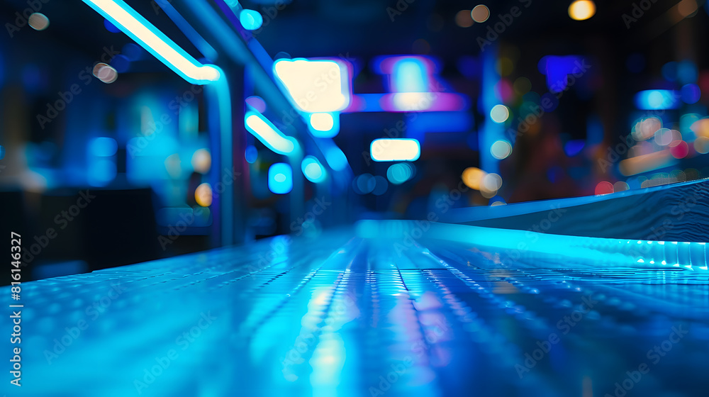 Selective focus on the table board of a restaurant nightclub modern design background in neon blue light : Generative AI Selective focus on the table board of a restaurant nightclub modern design background in neon blue light : Generative AI