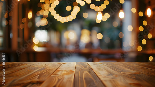 Selected focus empty brown wooden table and Coffee shop or restaurant blur background with bokeh image for your photomontage or product display : Generative AI photo