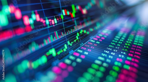 Macro shot of vibrant financial charts on a monitor, displaying fluctuating stocks and commodities, focus on glowing green and red bars