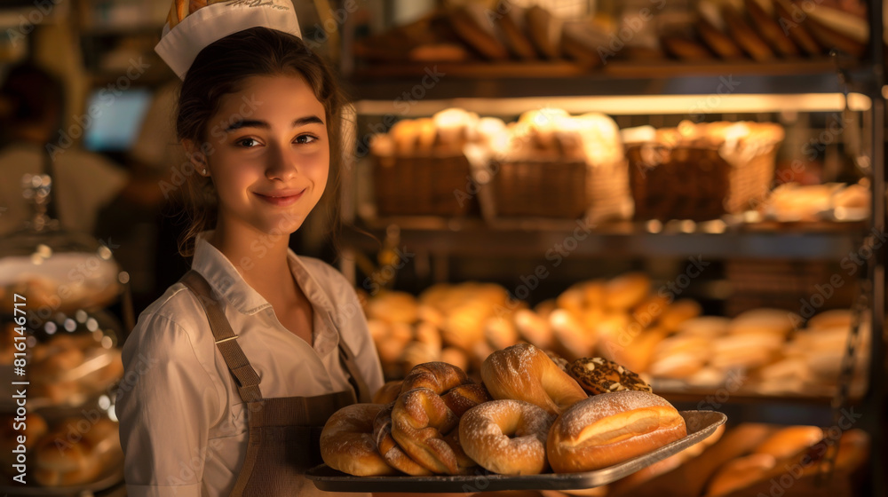 A woman in a bakery holding a tray of bread. She looks sad A woman in a bakery holding a tray of bread. She looks sad