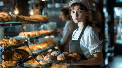 A woman in a bakery holding a tray of bread. She looks sad