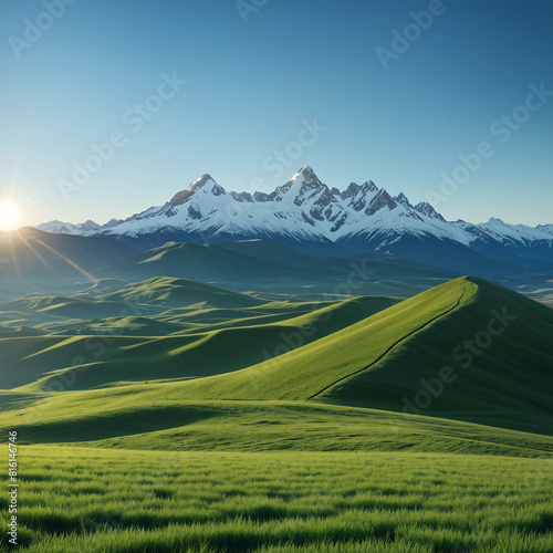Lush grassy landscape, with snowy mountains 