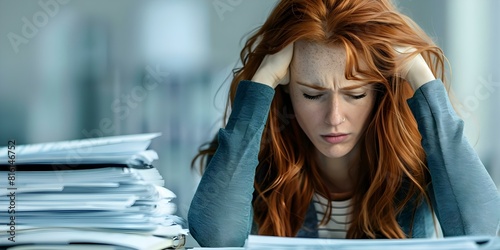 Tired redhaired accountant or manager overwhelmed by paperwork and overwork stress. Concept Work Burnout, Stress Management, Office Overload, Professional Burnout, Red-Haired Manager