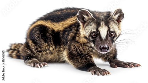 An adorable image of a spotted genet sitting and facing the camera, its curious eyes and unique fur pattern are the highlights giving it a plush-toy appeal photo