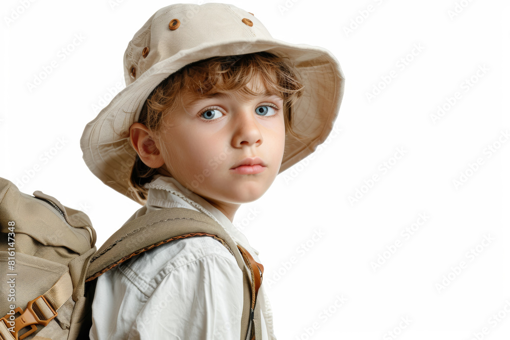 A curious youngster in explorer attire, separated from the environment, trimmed from the background, with no background. Concept of curiosity and exploration. Generative Ai. A curious youngster in explorer attire, separated from the environment, trimmed from the background, with no background. Concept of curiosity and exploration. Generative Ai.