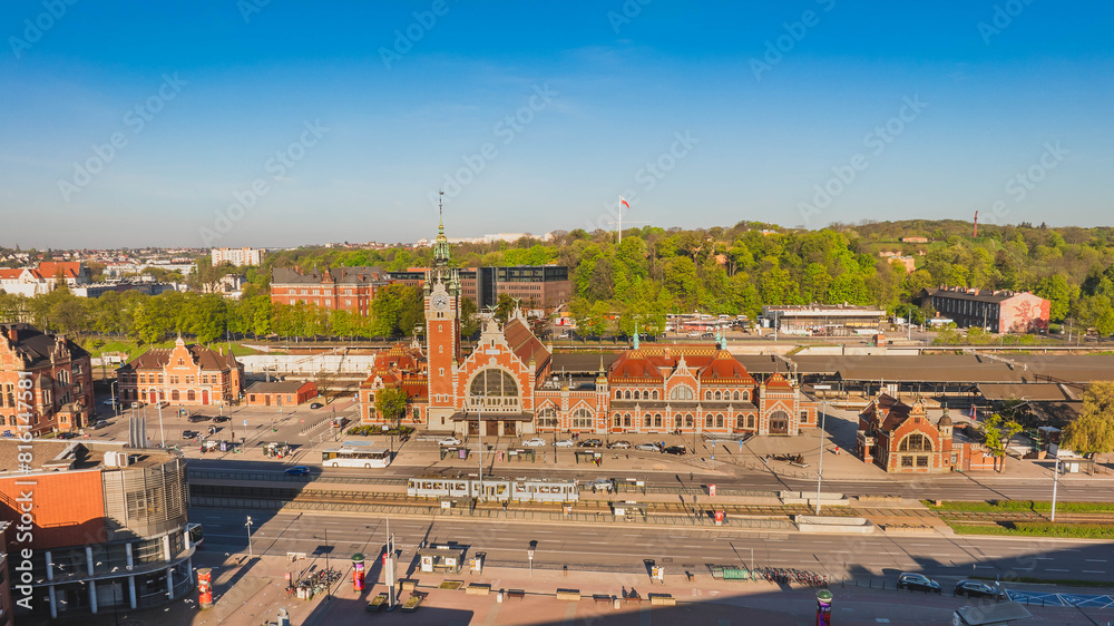Drone view of the Train Station in Gdańsk, Poland.