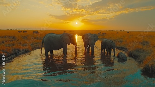 Nature documentary  elephants at a watering hole  African savanna  herd with playing calves  soft diffused daylight  birds in the sky created by ai