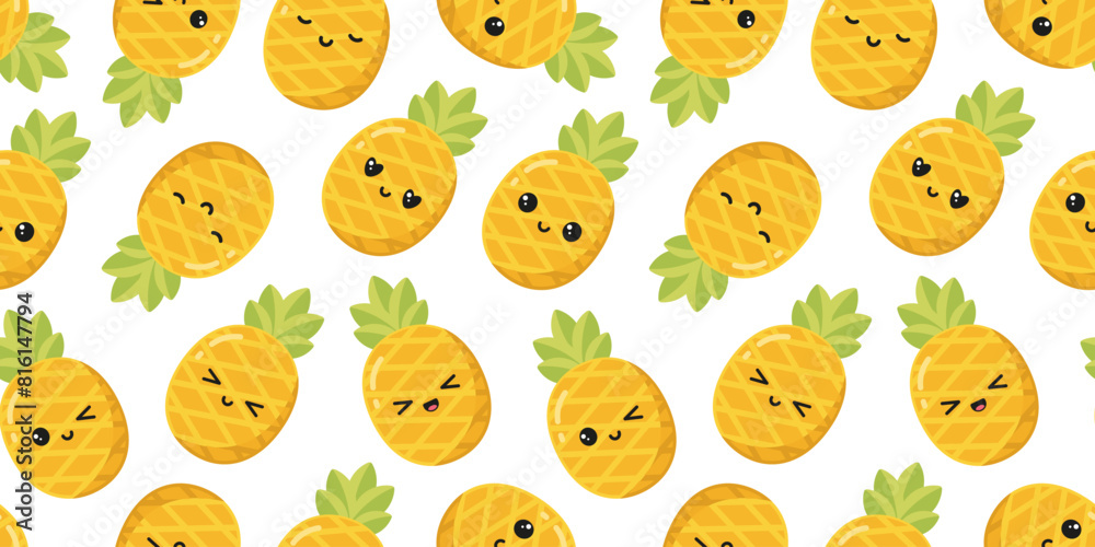 Vector seamless pattern with cute pineapples in kawaii style isolated on white background Vector seamless pattern with cute pineapples in kawaii style isolated on white background
