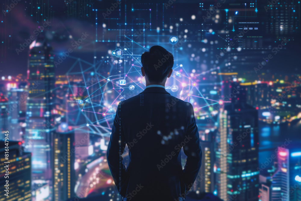 A man in a suit looks out over a city at night A man in a suit looks out over a city at night