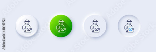 Delivery discount line icon. Neumorphic, Green gradient, 3d pin buttons. Sale offer sign. Courier promotion symbol. Line icons. Neumorphic buttons with outline signs. Vector
