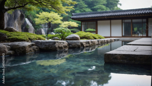 Tranquil Japanese Oasis  Indoor Stone and Water Garden Amidst Modern Architecture.