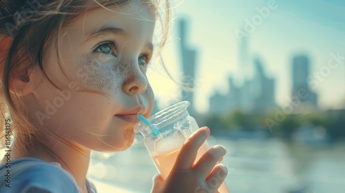 The little girl is sipping water from a glass, her eyelashes moist with the clear fluid. The amber drinkware reflects the light beautifully AIG50