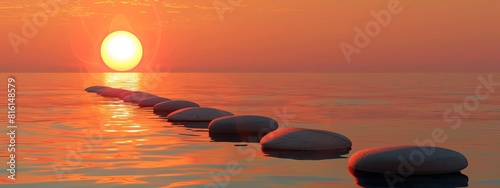 A tranquil sunset scene with stepping stones on water, epitomizing a wallpaper and abstract background poised to be a best-seller