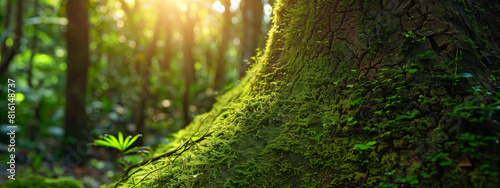 Sun rays penetrating through the dense tree canopy illuminate the moss covered tree 