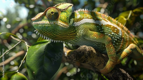 A vibrantly colored chameleon is perched on a branch, showcasing its detailed scales with a sharp focus