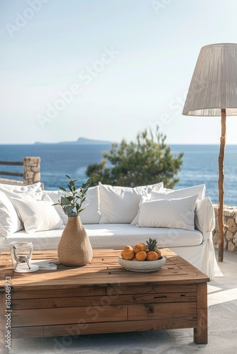 A wooden sofa with pillows ...