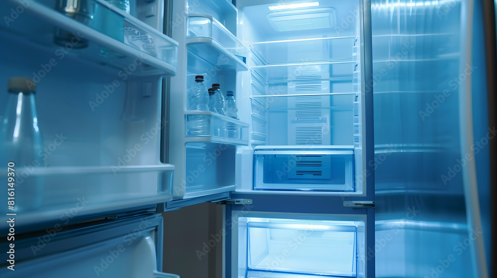 Opened empty refrigerator Refrigerator open empty fridge inside interior close up on empty refrigerator with door open New clean refrigerator : Generative AI Opened empty refrigerator Refrigerator open empty fridge inside interior close up on empty refrigerator with door open New clean refrigerator : Generative AI