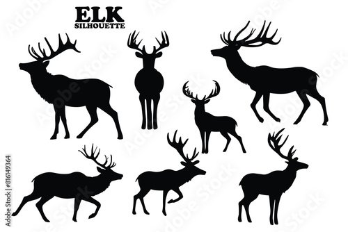 Elk silhouette collection. Set of black Elk silhouette. Elk silhouette set.