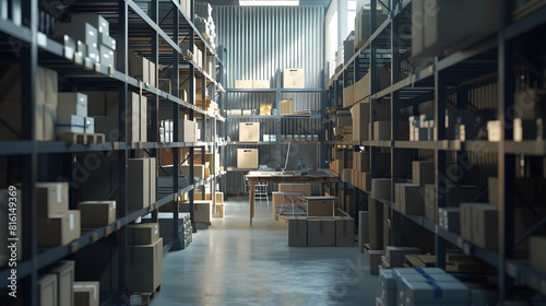 Empty storehouse with office desk and goods to do inventory and ship merchandise to retail clients Storage room filled with cardboard packages and boxes on storehouse racks small busin : Generative AI