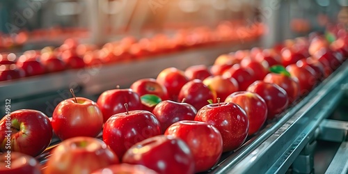 Red apples on a conveyor belt in an apple food factory. Selective focus.