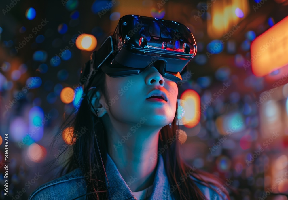 A young woman explores immersive night experiences. A young woman explores immersive night experiences.