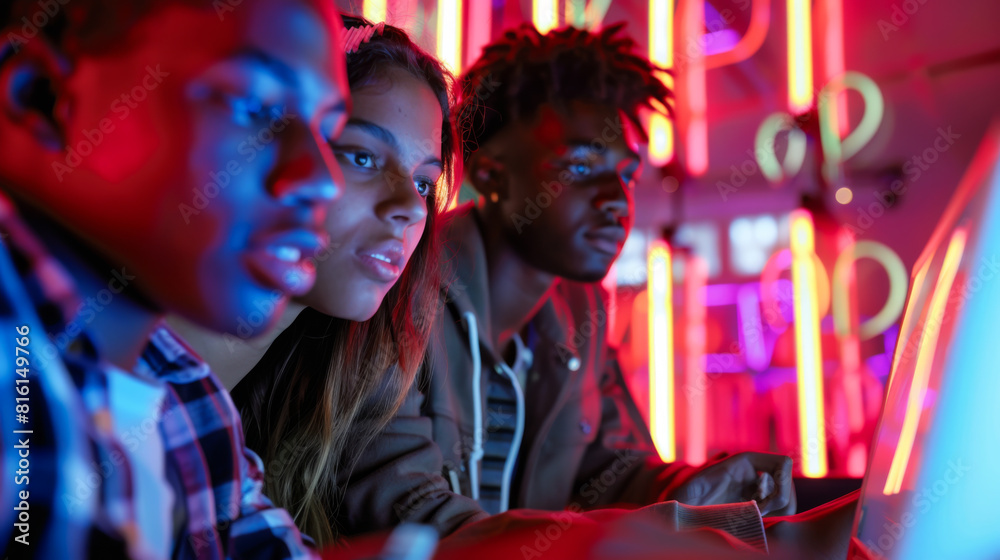 Students looking to a laptop smiling neon lights