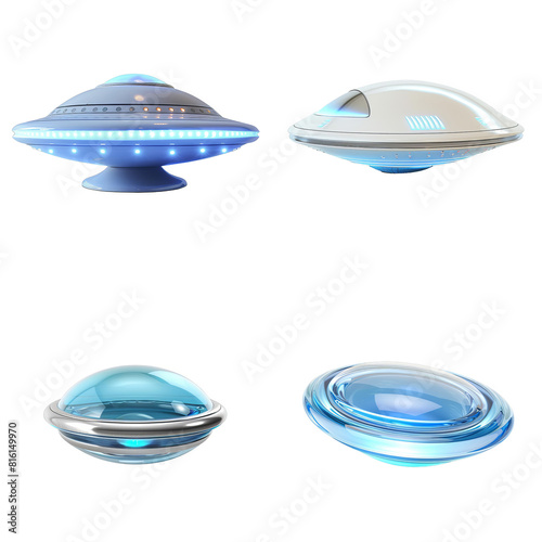 A small egg shaped UFO with faint blue light, Di-Cut PNG style, Isolated on white background