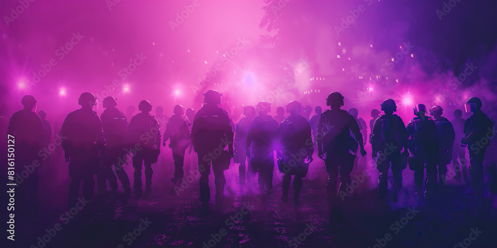 Human Rights (Purple): Represents the protection of human rights, including the right to peaceful assembly, in the context of police presence at protests Human Rights (Purple): Represents the protection of human rights, including the right to peaceful assembly, in the context of police presence at protests