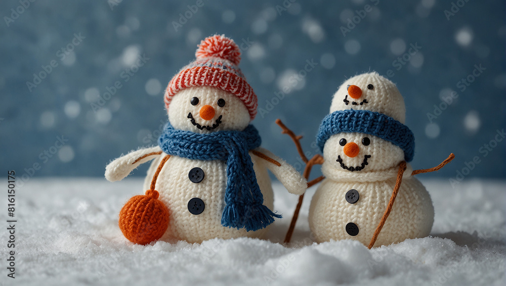 Two knitted snowmen are sitting in the snow against a background of falling Two knitted snowmen are sitting in the snow against a background of falling