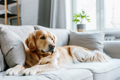 golden retriever dog is lying on a cozy sofa in a modern living room