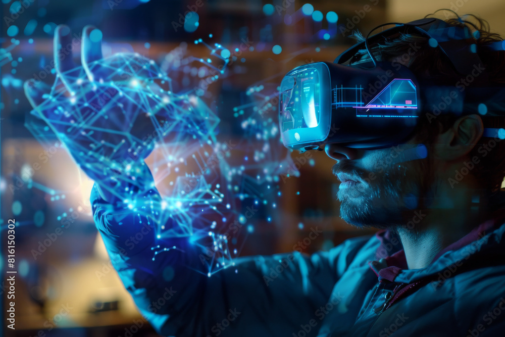 A man wearing a virtual reality headset looks at something A man wearing a virtual reality headset looks at something