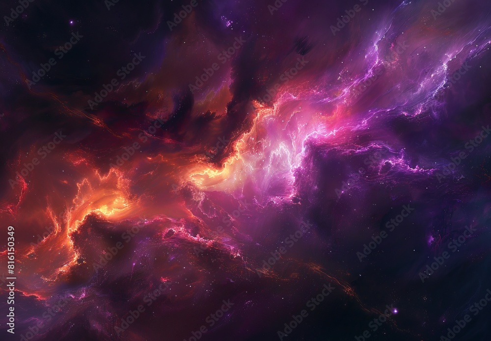 Cosmic nebula rendering with vibrant tones of purple and orange, reminiscent of scenes from deep space