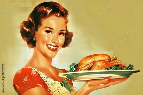 Retro-Inspired Illustration of Smiling Housewife Holding Roast Turkey in Vintage Kitchen Setting