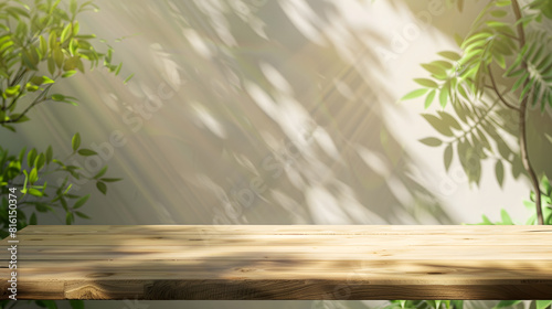 wood table background with sunlight window create leaf shadow on wall with blur indoor green plant foregroundpanoramic banner mockup for display of productwarm tone lights   Generative AI