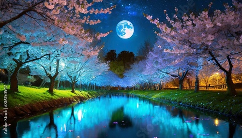 桜が咲く春の季節が訪れる、青い光と月、幻想的で美しく表現 Generated by AI