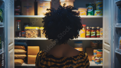 Food Insecurity Concept Closeup of a woman looking in an empty pantry Seen from behind there is only one box of food Horizontal format : Generative AI