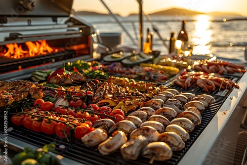 Premium beach grill with a spread of summer delicacies at a yacht party photo