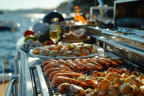 Premium beach grill with a spread of summer delicacies at a yacht party photo