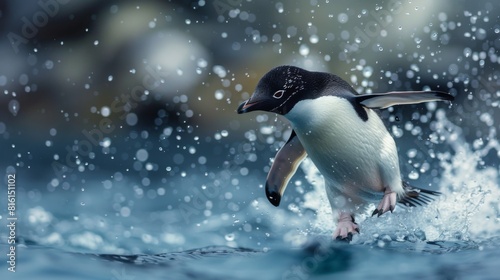 A dynamic close-up shot of an Adelie penguin in mid-hop with water droplets frozen in motion