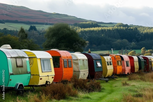 Scenic view of a line of vibrant retro caravans nestled in a lush countryside setting photo