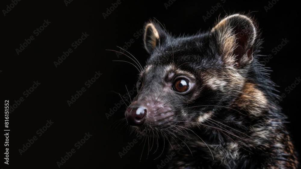 Obraz premium A close-up shot of a wild civet with vivid detail, highlighting the animal's captivating gaze and striking features