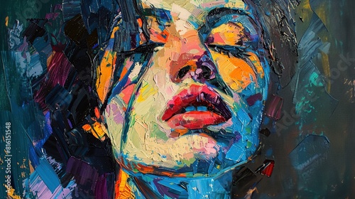 Abstract picture of a beautiful woman face. Concept Oil painting in multicolored tones.