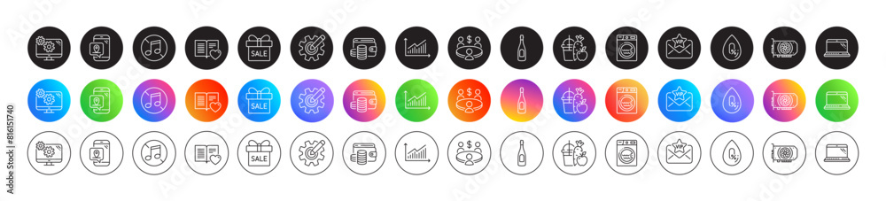 Love book, Cogwheel and Laundry line icons. Round icon gradient buttons. Pack of Sale offer, Graph, Champagne icon. Laptop, Vip mail, No music pictogram. Wallet money, Settings, Juice. Vector Love book, Cogwheel and Laundry line icons. Round icon gradient buttons. Pack of Sale offer, Graph, Champagne icon. Laptop, Vip mail, No music pictogram. Wallet money, Settings, Juice. Vector