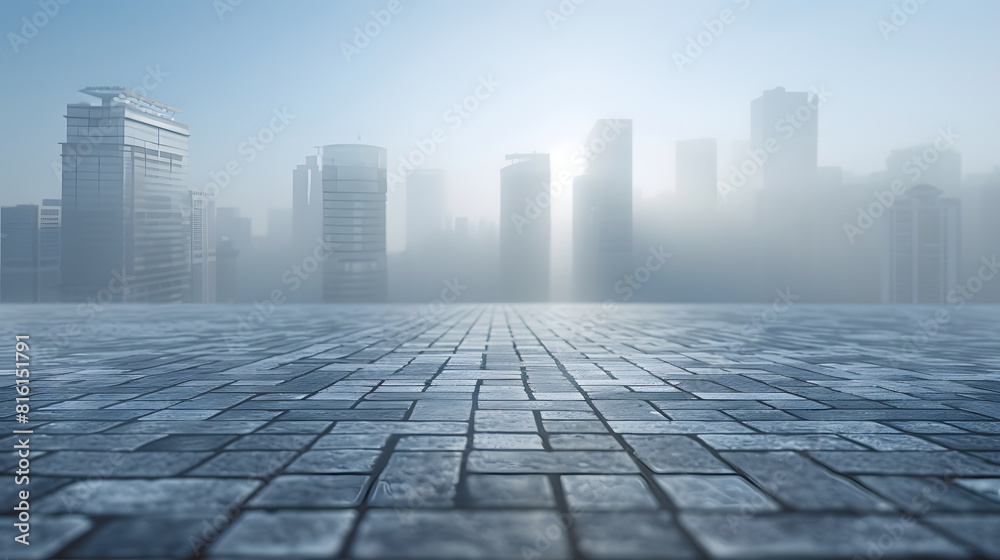 empty brick floor with cityscape of modern city : Generative AI empty brick floor with cityscape of modern city : Generative AI
