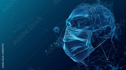 An abstract polygonal abstract isolated on blue background represents protection from viruses, bacteria, and smog. Low poly wireframe style with a protective face mask. Low poly wireframe style with 