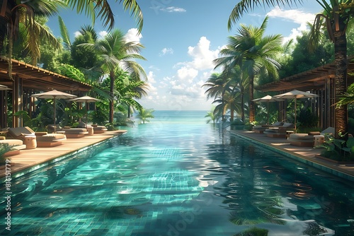 A luxurious infinity pool stretches towards a horizon dotted with exotic palm trees. Lush greenery frames the pool  and plush cabanas offer cool shade.